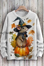 Men’s Fashion Crewneck Halloween Maple Leaf Mouse 3D Digital Printing Long Sleeve Knitted Sweater