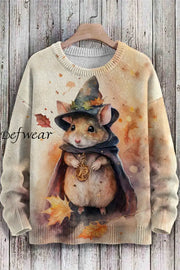 Men’s Fashion Crewneck Halloween Maple Leaf Mouse 3D Digital Printing Long Sleeve Knitted Sweater