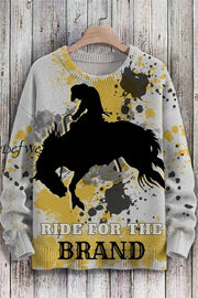 Men’s Fashion Crewneck Vintage Cowboy Warhorse 3D Digital Printing Long Sleeve Knitted Sweater As