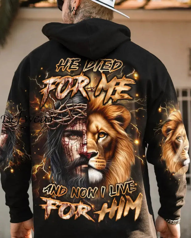 Men’s He Died For Me Lion Print Hoodie Black / S