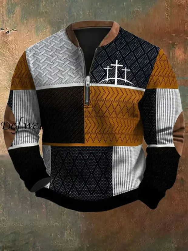 Men’s Retro Western Textured Faith Cross Print Zipper Neck Sweatshirt Black / S