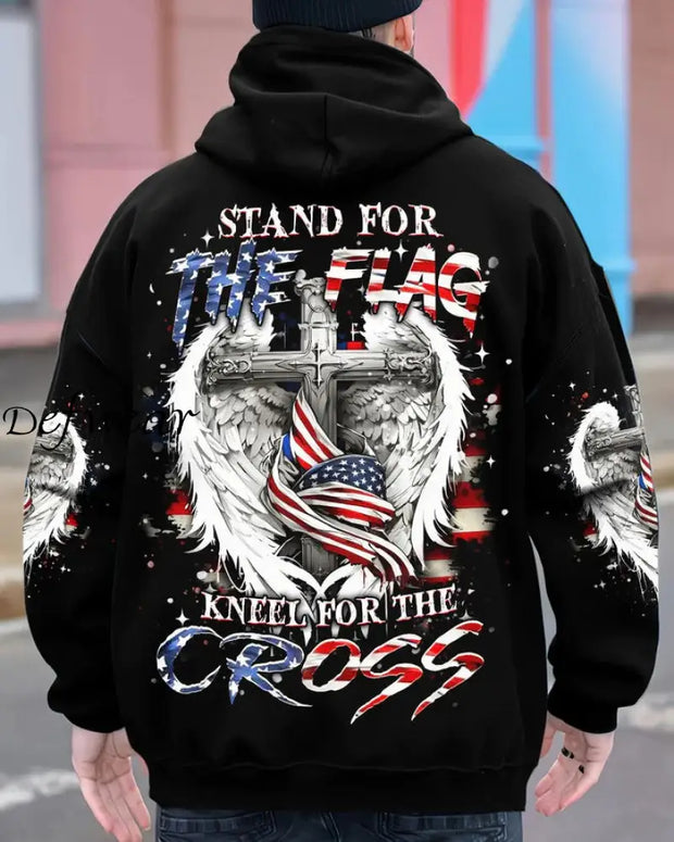 Men’s Stand For The Flag Kneel For The Cross Printed Hoodie Black / S