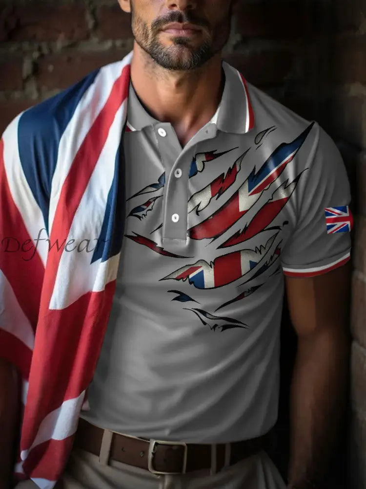 Men’s UK Flag Art Printed Casual Tops Light Gray / S