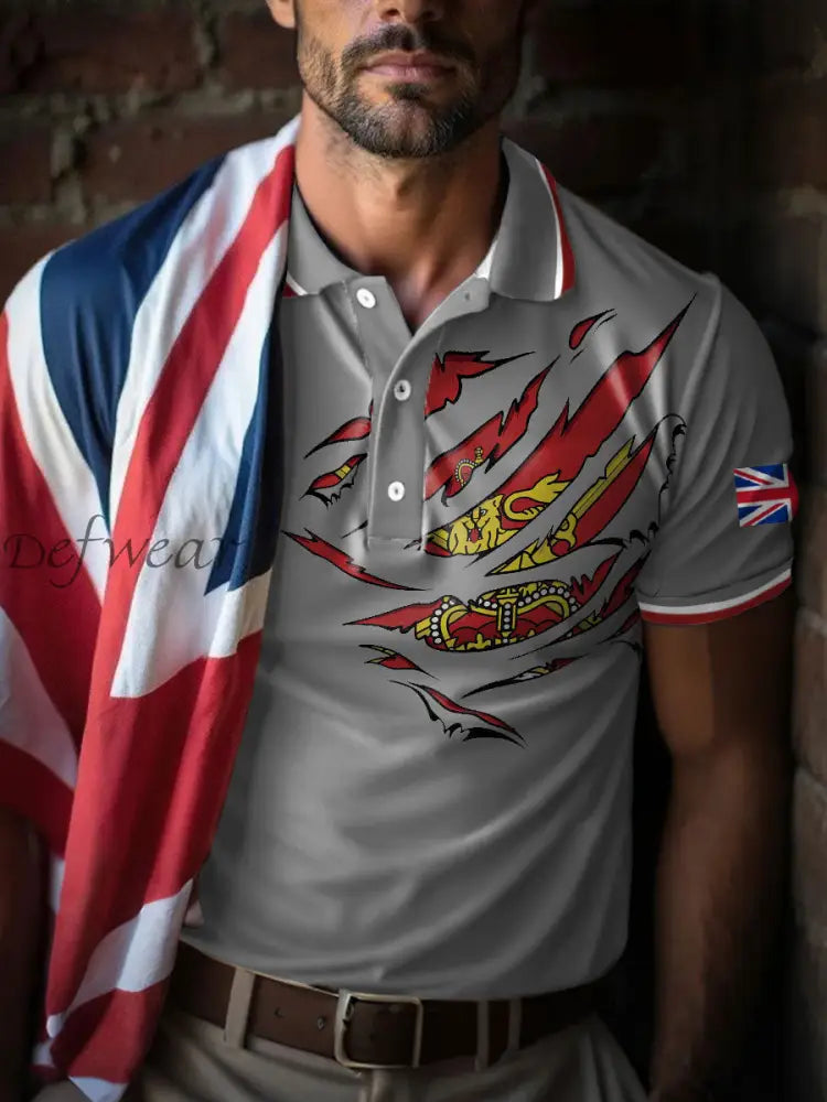 Men’s UK Flag Art Printed Casual Tops Light Gray / S