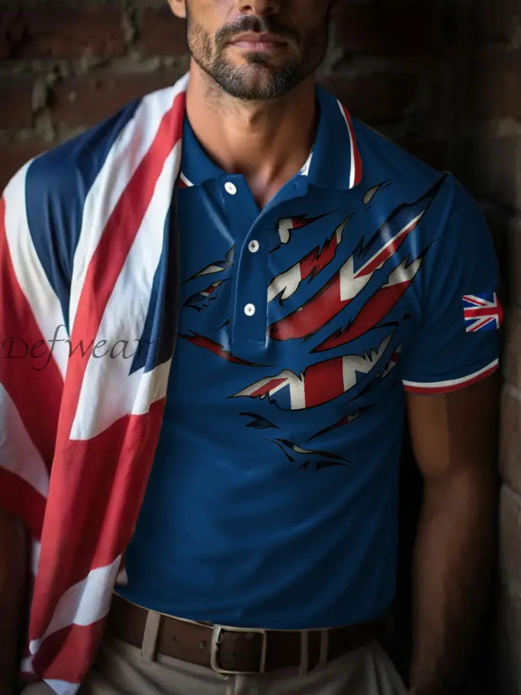 Men’s UK Flag Art Printed Casual Tops Royal Blue / S