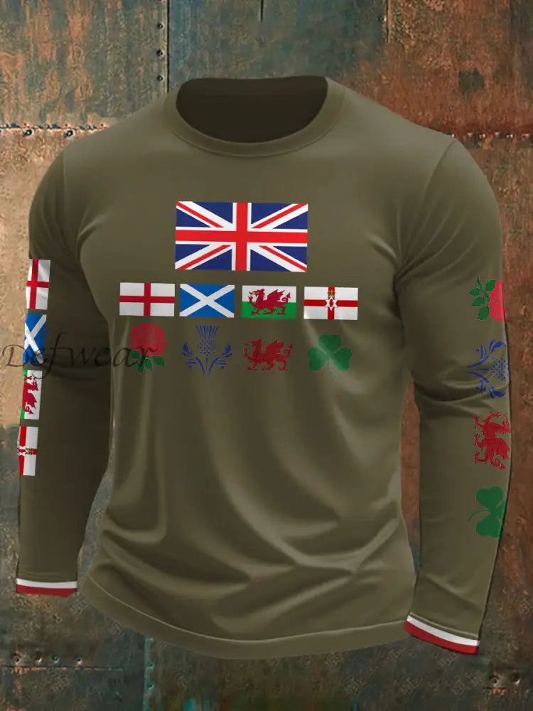 Men’s UK Scotland England Northern Ireland Wales Flag Art Printed T shirt Army Green / S