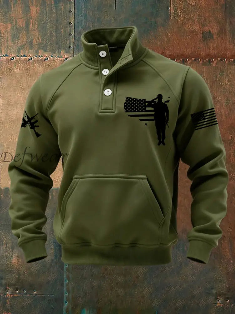 Men’s US Veteran Print Casual Buttons Sweatshirt Army Green / S