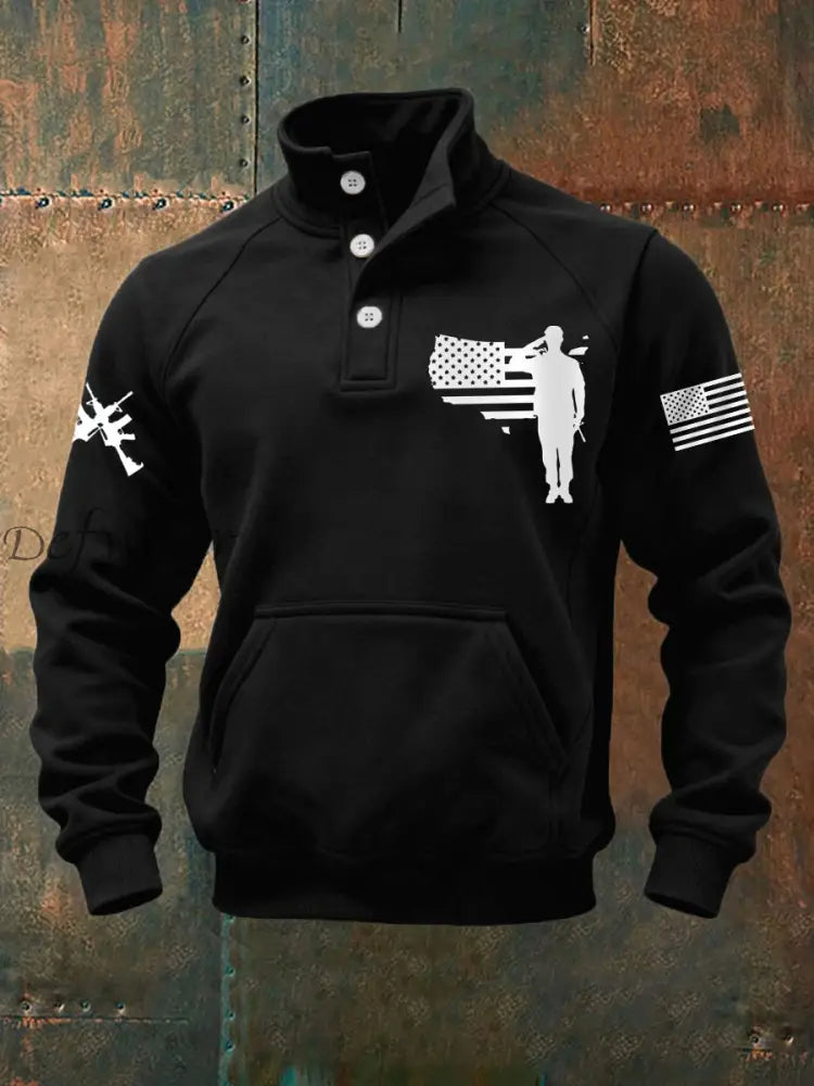 Men’s US Veteran Print Casual Buttons Sweatshirt Black / S