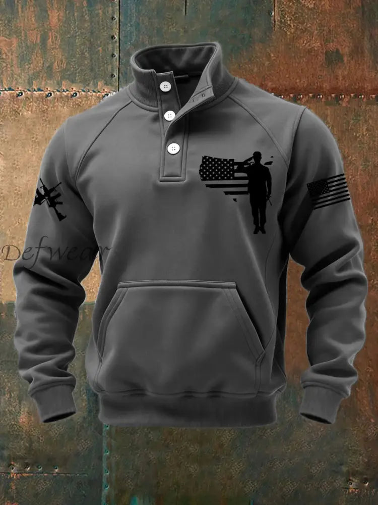 Men’s US Veteran Print Casual Buttons Sweatshirt Gray / S