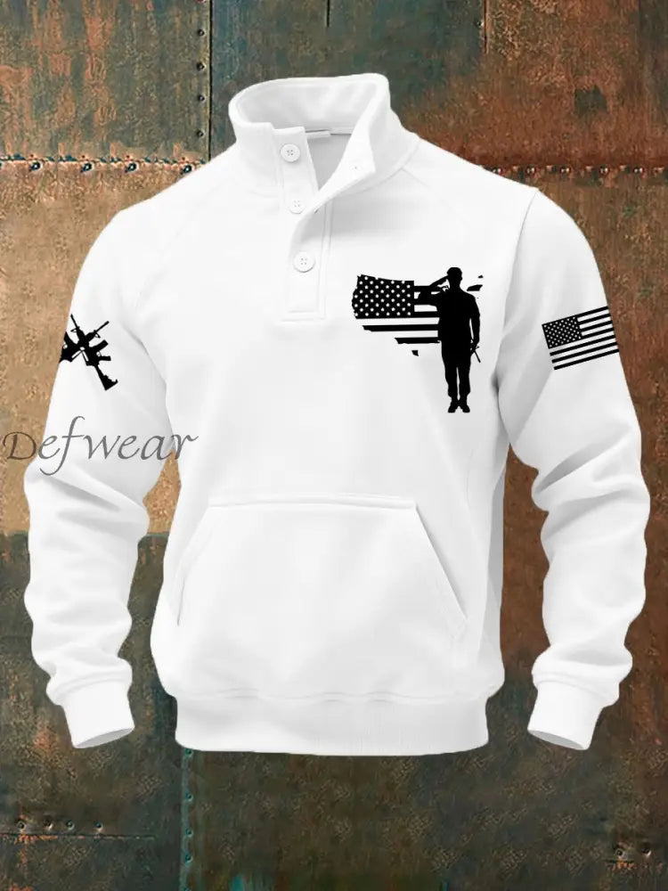 Men’s US Veteran Print Casual Buttons Sweatshirt White / S
