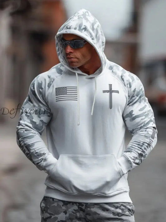 Men’s Vintage Army Green Camouflage US Flag Print Casual Hoodie Light Gray / S