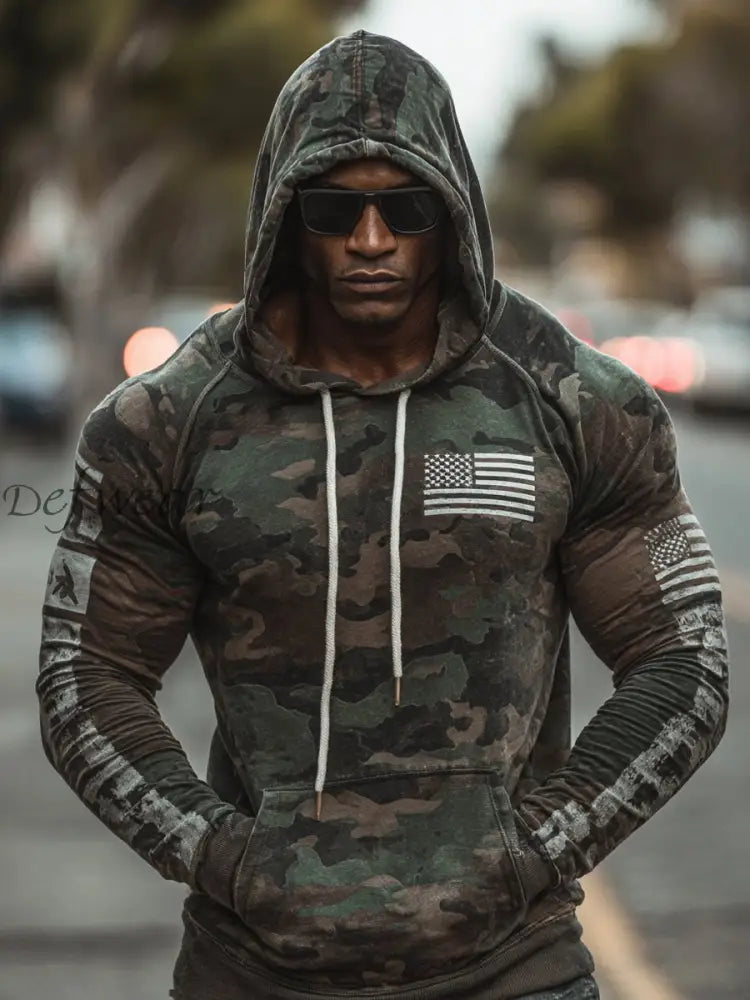 Men’s Vintage Army Green Camouflage US Flag Print Casual Hoodie Army Green / S