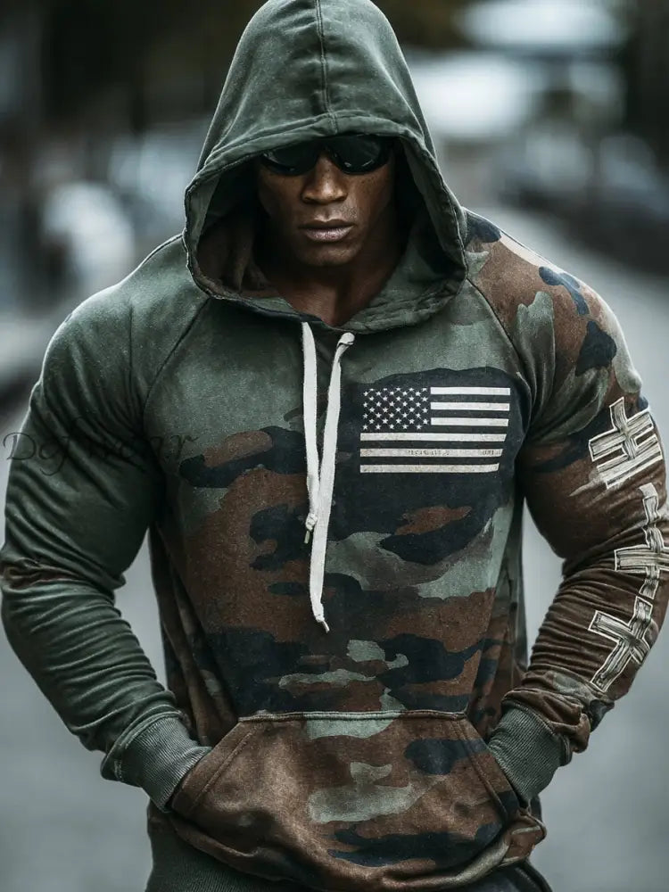 Men’s Vintage Army Green Camouflage US Flag Print Casual Hoodie Army Green / S