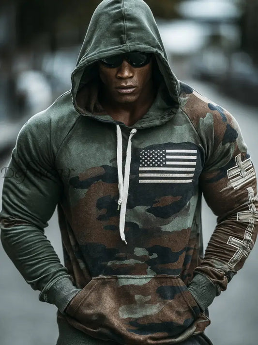 Men’s Vintage Army Green Camouflage US Flag Print Casual Hoodie Army Green / S