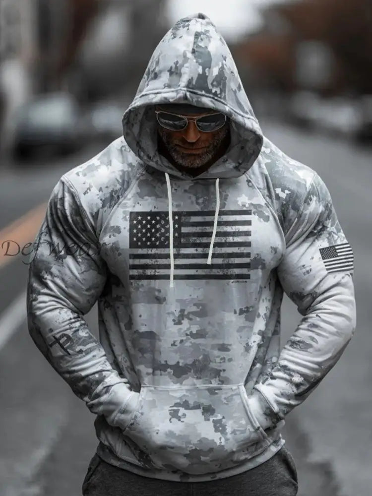 Men’s Vintage Camouflage US Flag Print Casual Hoodie Light Gray / S