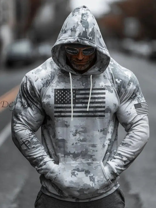 Men’s Vintage Camouflage US Flag Print Casual Hoodie Light Gray / S