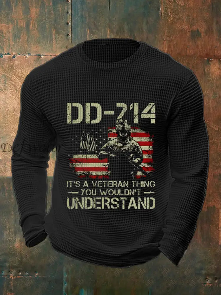 Men’s Vintage DD-214 Veteran Print Casual Waffle Top Black / S