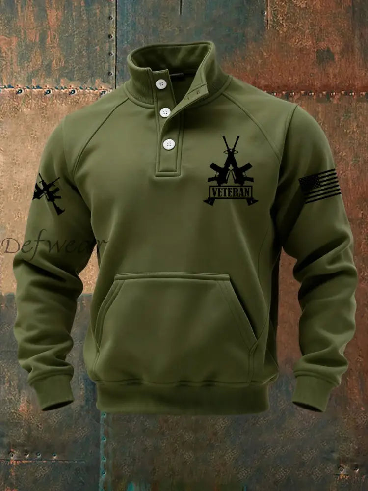 Men’s Vintage US Veteran Print Casual Buttons Sweatshirt Army Green / S