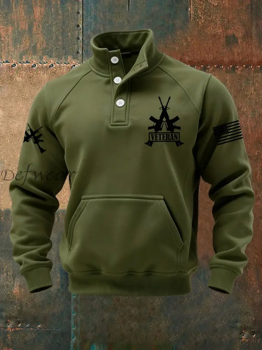 Men’s Vintage US Veteran Print Casual Buttons Sweatshirt Army Green / S