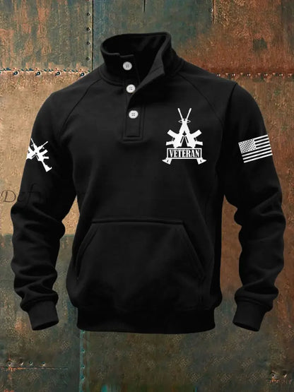 Men’s Vintage US Veteran Print Casual Buttons Sweatshirt Black / S