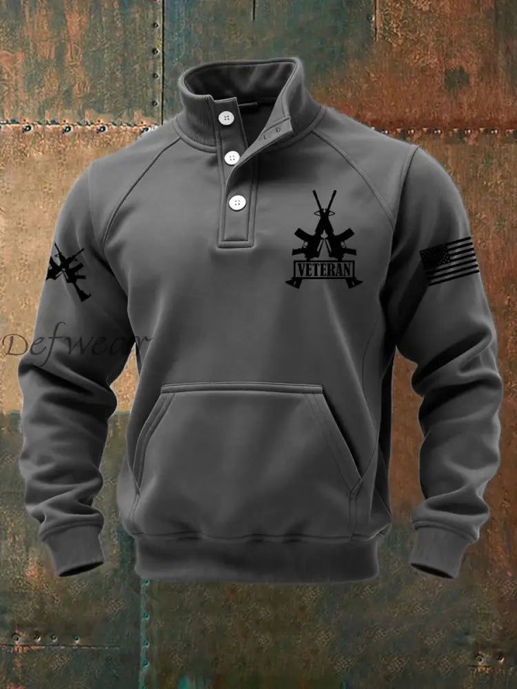 Men’s Vintage US Veteran Print Casual Buttons Sweatshirt Gray / S