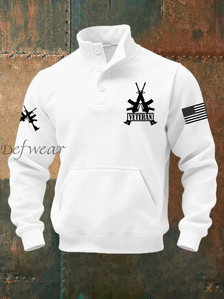 Men’s Vintage US Veteran Print Casual Buttons Sweatshirt White / S