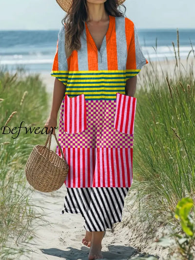 Modern Geometric Stripe Art Print V Neck Dress As picture / S