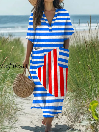 Modern Geometric Stripe Art Print V Neck Dress As picture / S