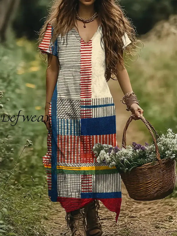 Modern Geometric Stripe Art Print V Neck Dress As picture / S