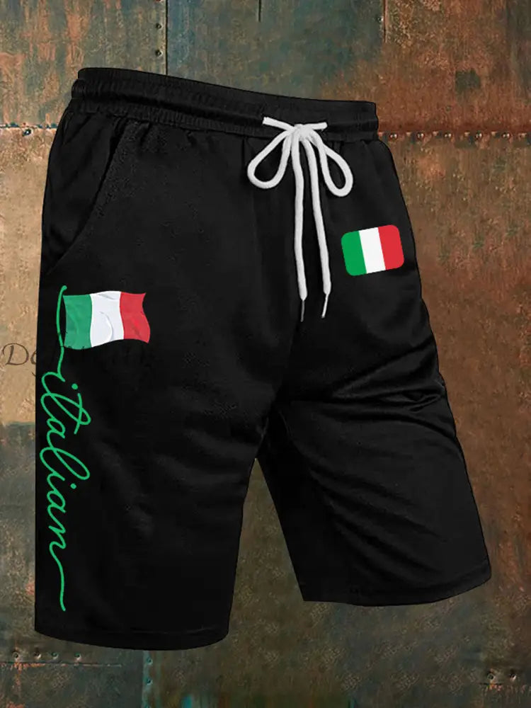 Pantaloncini casual stampati con bandiera italiana da uomo Nero / S