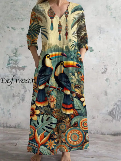 Parrot Vintage Art Print Chic V Neck Three Quarter Sleeve Elegant Midi Dress Light Green / S