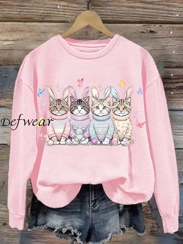 Printed Easter Rabbit Casual Round Neck Sweatshirt Pink / XS