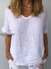 Printed O-Neck Solid Color Cotton Linen Short Sleeved Shirt
