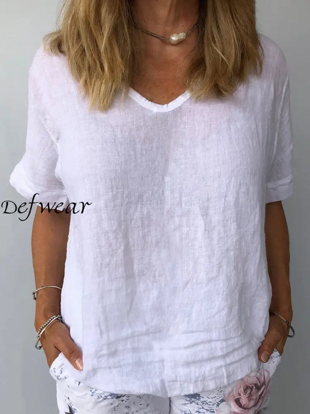 Printed O-Neck Solid Color Cotton Linen Short Sleeved Shirt