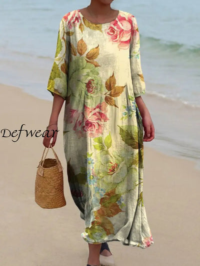 Printed Round Neck Vintage Loose Long Sleeves Midi Dress A / S