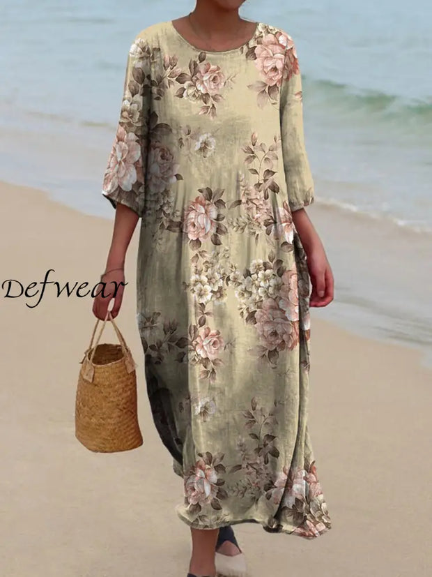 Printed Round Neck Vintage Loose Long Sleeves Midi Dress A / S