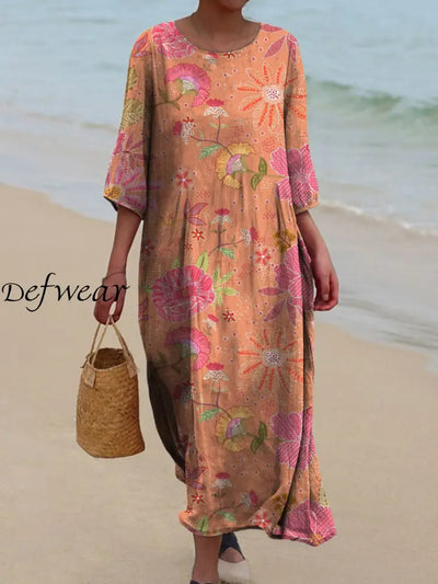 Printed Round Neck Vintage Loose Long Sleeves Midi Dress A / S