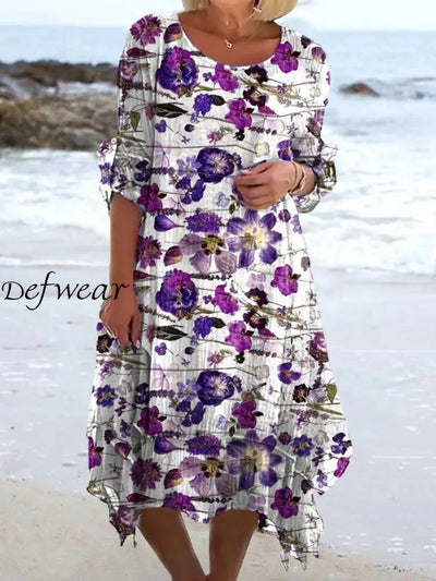 Printed V-Neck Vintage Fashion Long Sleeve Midi Dress A / S