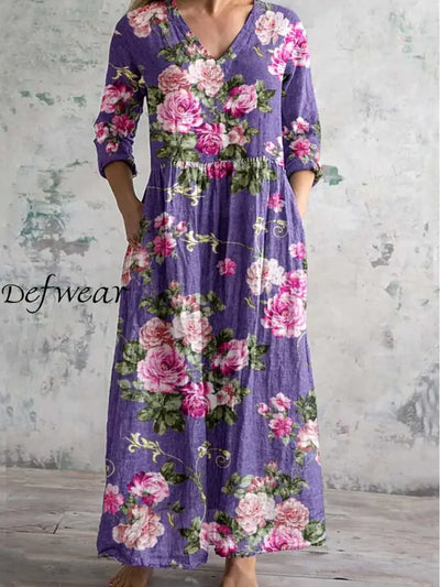 Purple Floral Art Print Chic V-Neck Long Sleeve Elegant Midi Dress