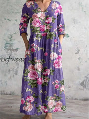 Purple Floral Art Print Chic V-Neck Long Sleeve Elegant Midi Dress A / S