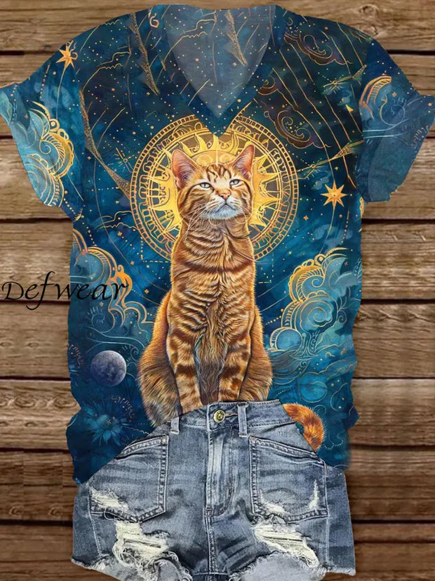 Retro Abstract Gradient Cat Art Print Casual T-Shirt A / S