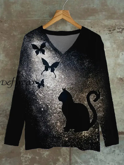 Retro Abstract Gradient Cat Art Print Casual Top A / S