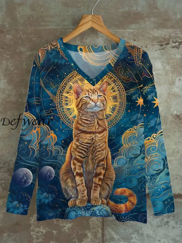 Retro Abstract Gradient Cat Art Print Casual Top A / S