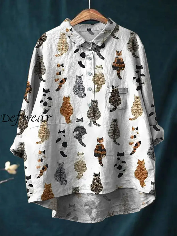 Retro Animal Art Printed Round Neck Button Pocket Linen Mid Long Sleeve Shirt A / S