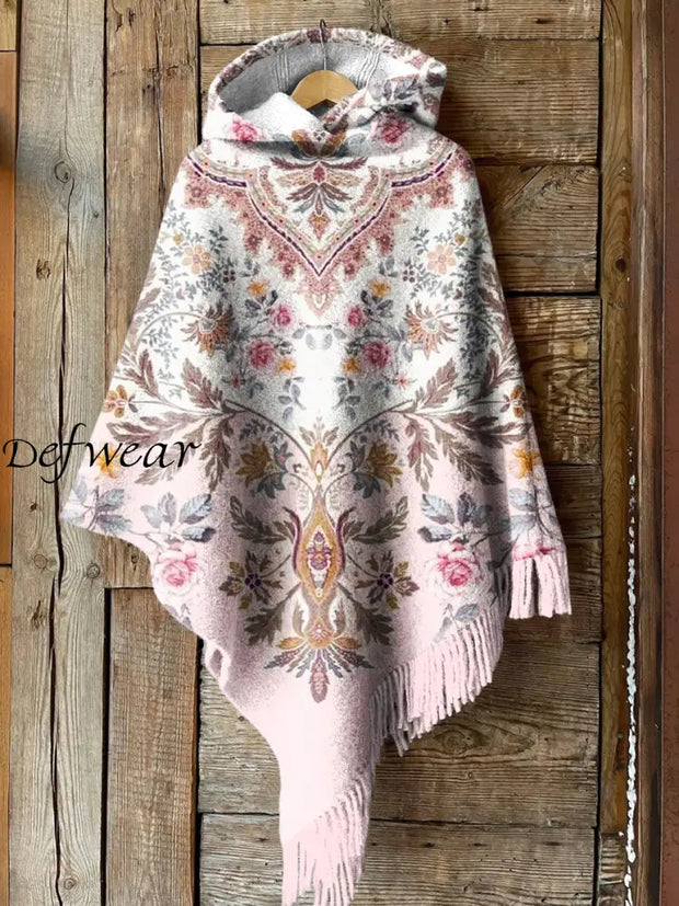 Retro Art Floral Print Casual Knitted Blanket Cloak Hooded Shawl A / -A