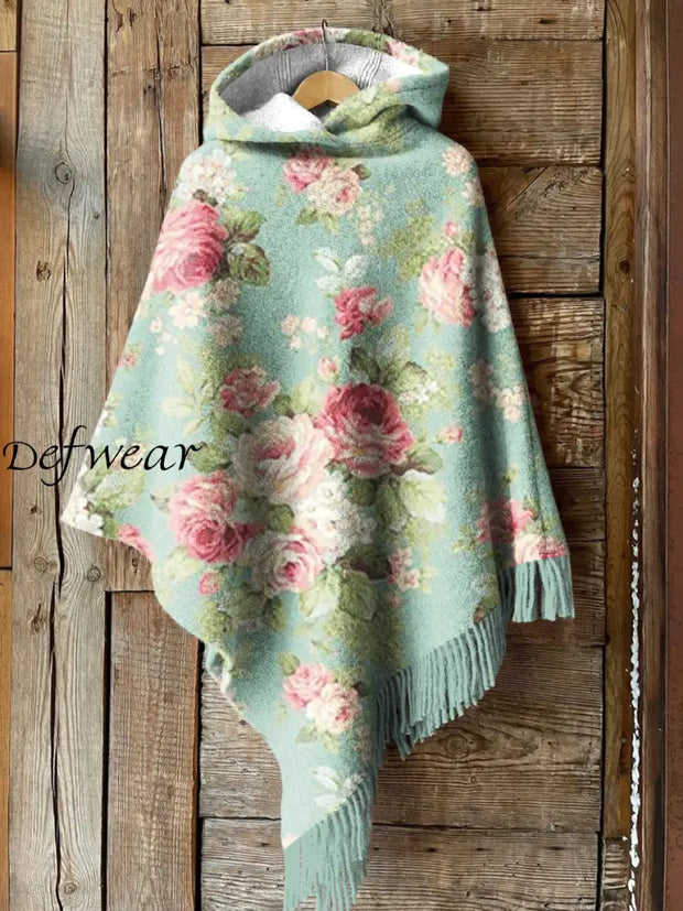 Retro Art Floral Print Casual Knitted Blanket Cloak Hooded Shawl A / -A