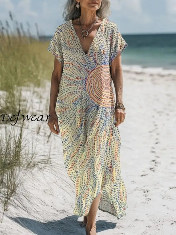 Retro Art Geometric Printed V-Neck Loose Long Sleeves Midi Dress