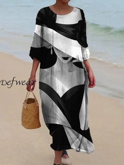 Retro Art Print Chic Round Neck Three-Quarter Sleeve Elegant Midi Dress A / S