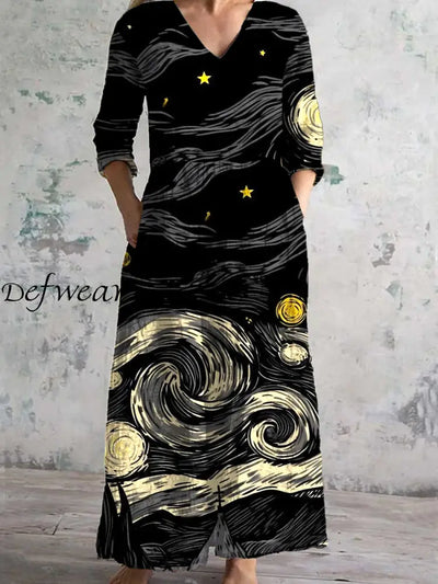 Retro Art Print Chic V-Neck Three-Quarter Sleeve Elegant Midi Dress A / S