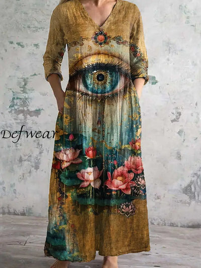 Retro Art Printed Chic V Neck Three Quarter Sleeve Elegant Midi Dress A / S